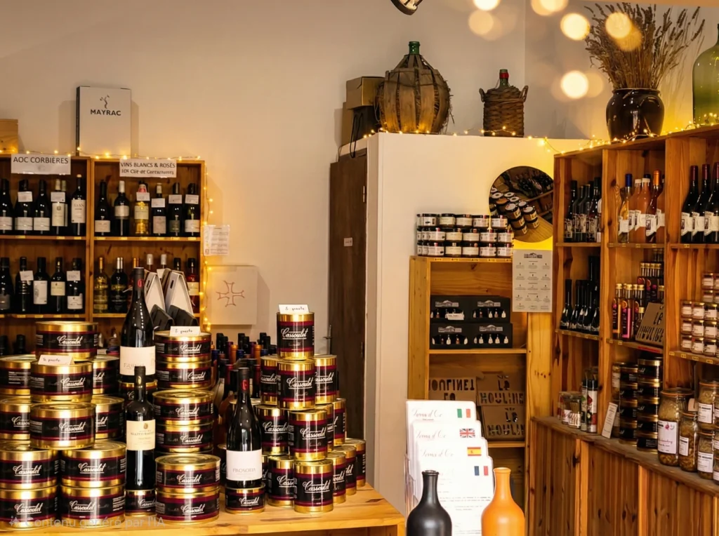 Intérieur de l'épicerie fine Terres d'Oc à Carcassonne : étagères en bois, vins locaux et piles de boîtes de Cassoulet artisanal.